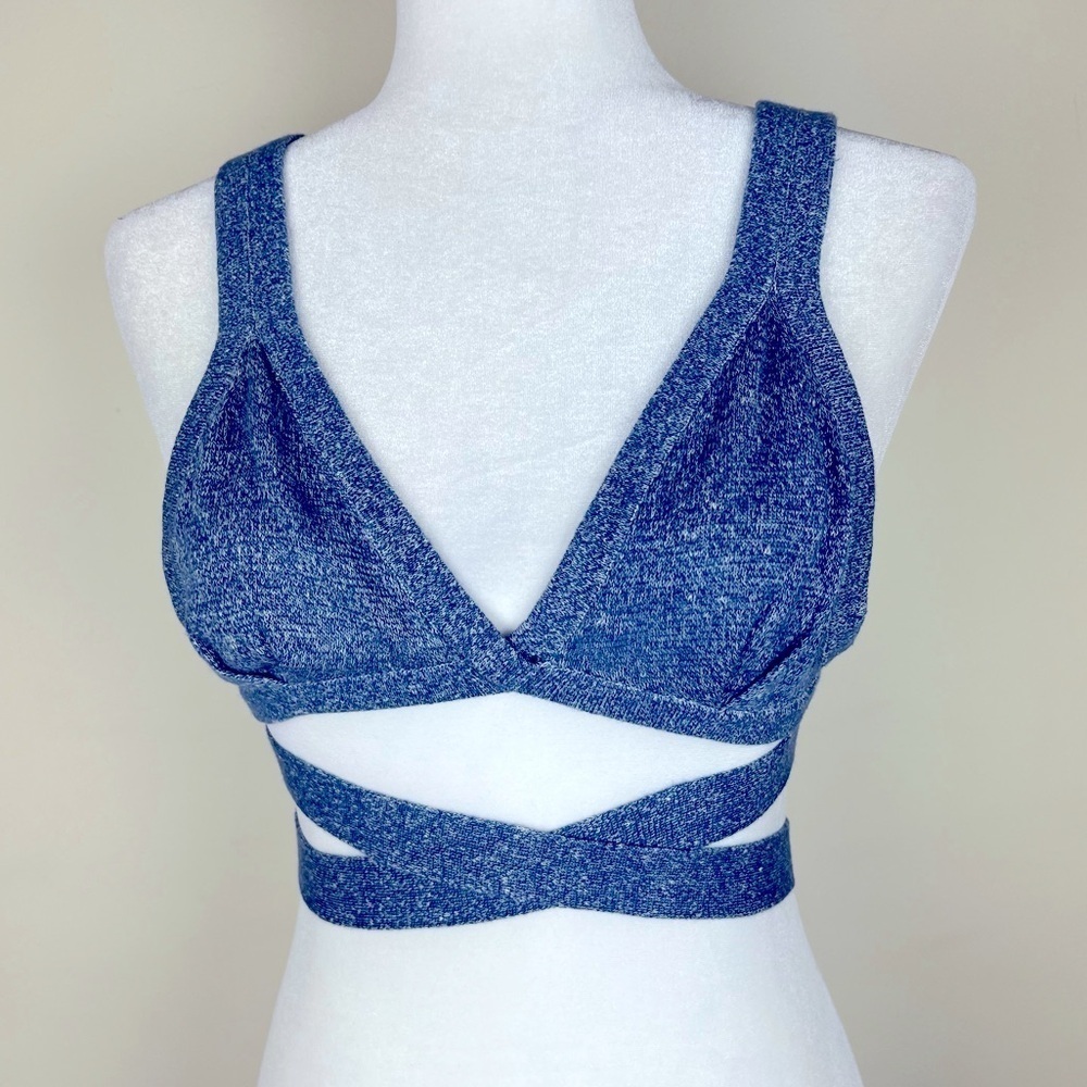 Beau Souci Boho Festival Cashmere Linen Knit Wrap Cami Triangle Top Blue | XS